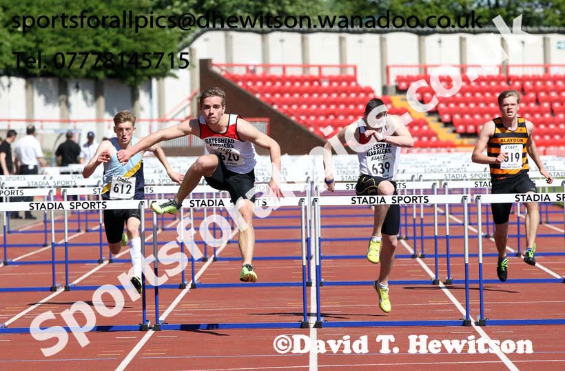Anthony Hogg (Gateshead) wins the under-20 mens 110 metres hurdles at the North Eastern Championships, Gateshead International Stadium.  Photos: David T. Hewitson/Sports for All Pics